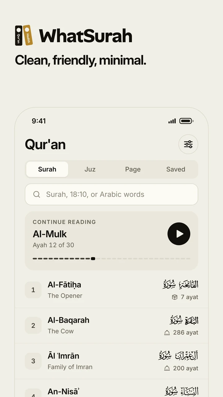 WhatSurah: the Qur'an, the Hadith and Identify, on the app's home screen
